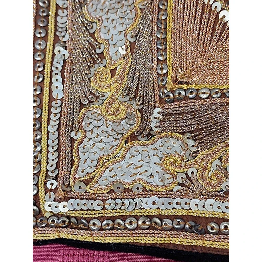 VTG Turkish Hand Beaded Embroidered Sequined Throw Pillow Cover Gold Boho